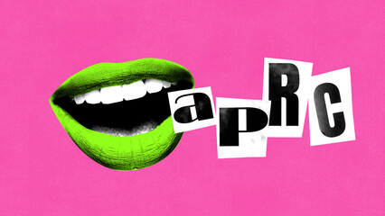 Bright collage. Green lips shouting letters cutout collage on pink background. Concept of marketing graphics, word-of-mouth branding, testimonial visuals, and creative advertising layouts.