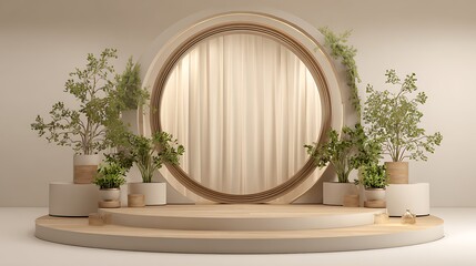 Minimalist podium stage with plants and circle frame for product display, interior design, and modern presentation with botanical decoration