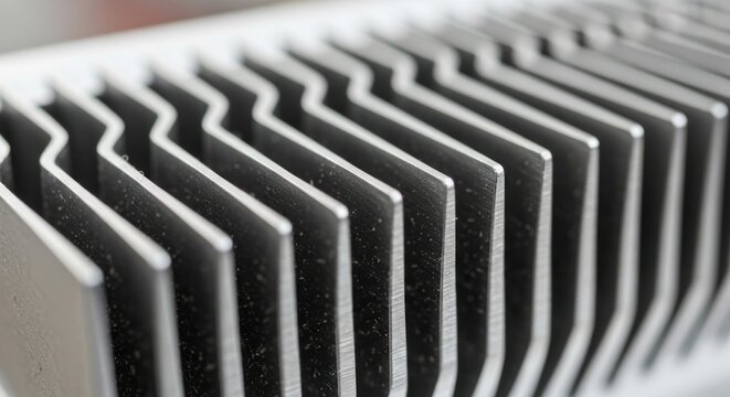 Detailed macro shot of a silver aluminum heatsink, highlighting its precise parallel fins and textured metallic surface.