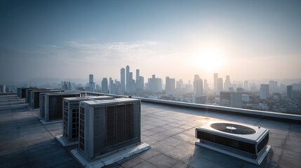 Cooling systems on rooftop of urban skyscraper at sunrise capturing modern cityscape and hvac equipment in clear sky environment