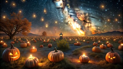 Dark Pumpkin Patch Under a Starry Sky with Scatter