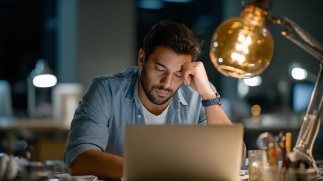 Exhausted from hard work: A man slumps at his desk, illuminated by a warm lamp, his weary eyes reflecting the long hours.