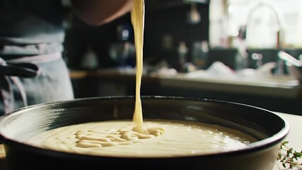 Close Up of Pale Yellow Cake Batter Pouring Into a Round Non Stick Pan Creating a Swirling Effect Perfect for Baking Tutorials Food Advertisements or Culinary Themed Content Featuring Kitchen