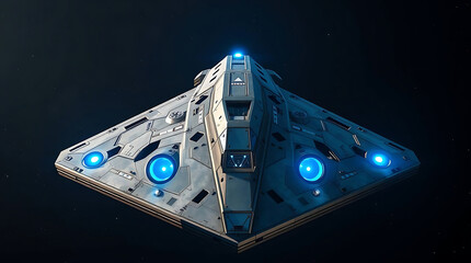 Futuristic spaceship design with intricate metal structure, glowing blue lights, and geometric patterns for space exploration and science fiction concepts