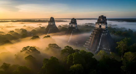 Mysterious ancient temples revealed at sunrise tikal national park aerial photography lush jungle scenic view exploration