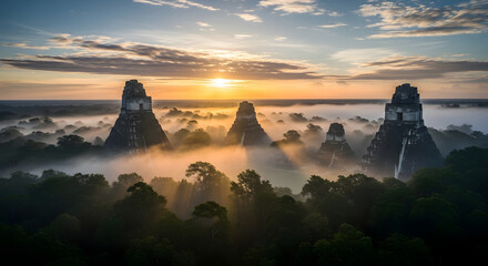 Sunrise over temples tikal guatemala aerial photography misty jungle serene landscape