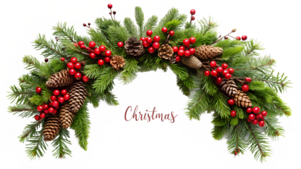 Photo of natural christmas garland with pinecones, red berries, and evergreen branches forming an arch isolated on transparent background