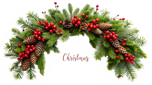 Photo of natural christmas garland with pinecones, red berries, and evergreen branches forming an arch isolated on transparent background