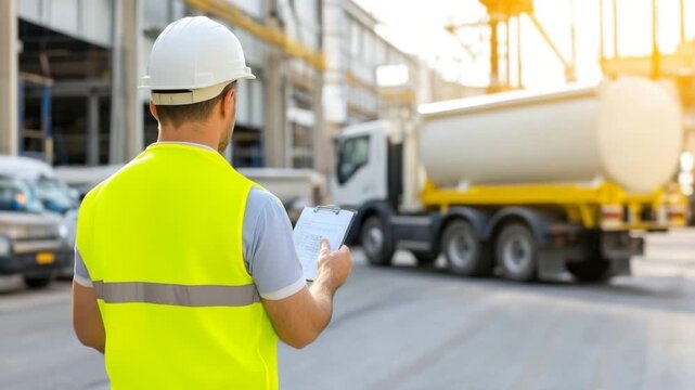 Factory worker reviews checklist near delivery truck