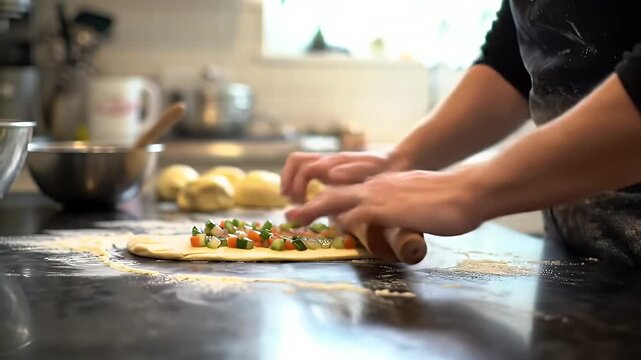 Close Up of Person Rolling Dough with Vegetables Using Rolling Pin in Bright Kitchen with White Tiled Walls Perfect for Baking Tutorials and Demonstrating Home Cooking Techniques Over a Dark
