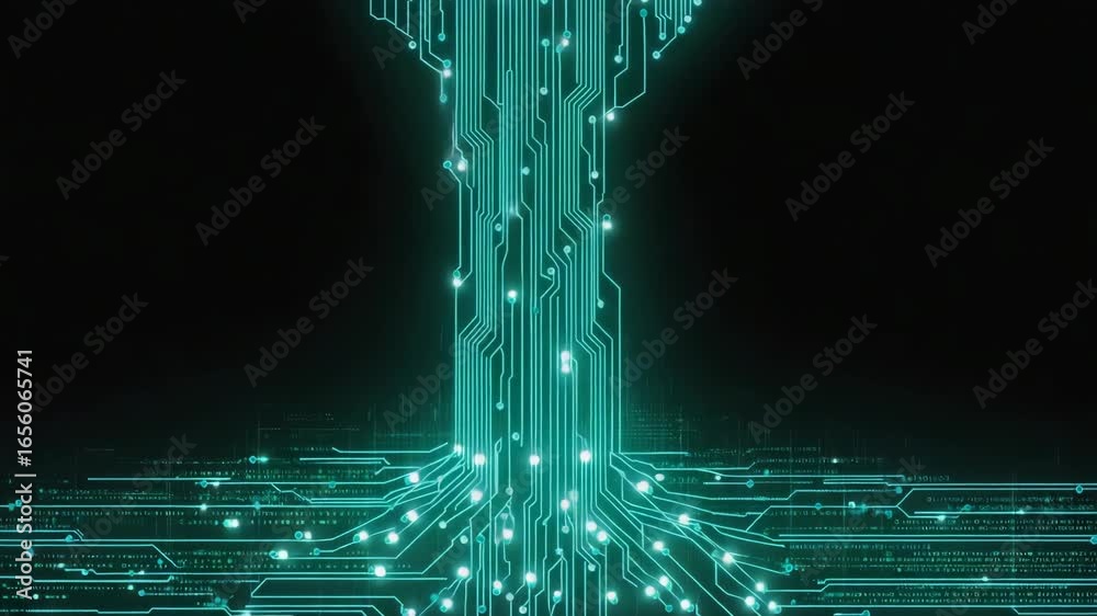 Wall mural complex network of circuits and nodes glowing on dark background, representing digital communication