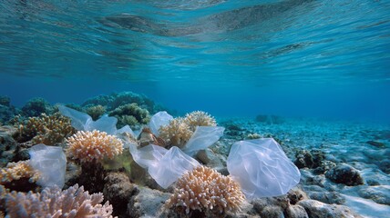 Obraz premium Colorful coral reefs are marred by plastic debris, showcasing environmental pollution underwater.
