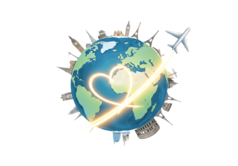 World travel with airplane route forming a heart shape around the globe with landmarks isolated on transparent background