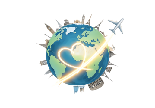 World travel with airplane route forming a heart shape around the globe with landmarks isolated on transparent background