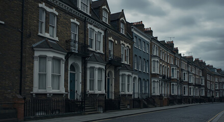 Fototapeta premium Elegant Victorian-era townhouses with brick facades, ornate windows, and iron railings. Captured on a cloudy day with moody tones.