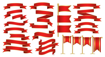 Collection of red and gold banners and ribbons isolated on transparent background