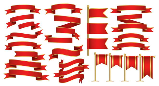 Collection of red and gold banners and ribbons isolated on transparent background