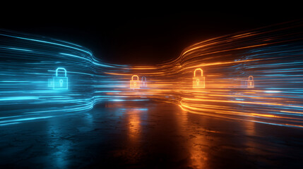 Glowing digital padlocks in flowing blue and orange lines.