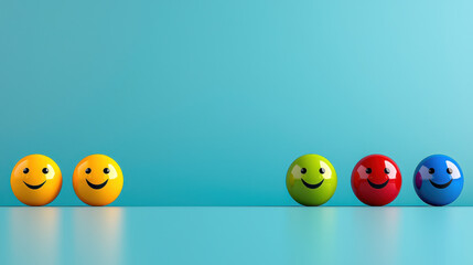 Happy smiley balls in vibrant colors on blue background create cheerful atmosphere. playful arrangement evokes joy and positivity