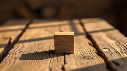Wooden cube on rustic table with abstract pathway concept, bathed in warm natural light.
