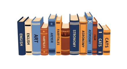 A collection of various books with different titles on their spines, isolated on transparent background