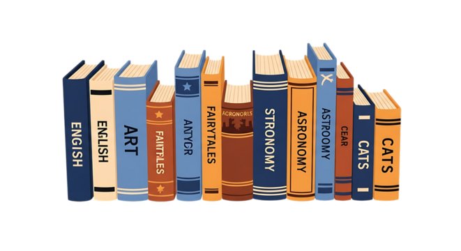 A collection of various books with different titles on their spines, isolated on transparent background