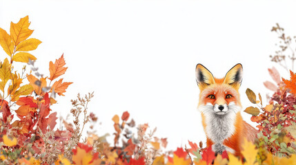 Fototapeta premium Charming fox stands amidst vibrant autumn leaves, showcasing warm hues of orange, red, and yellow. serene expression adds touch of whimsy to scene