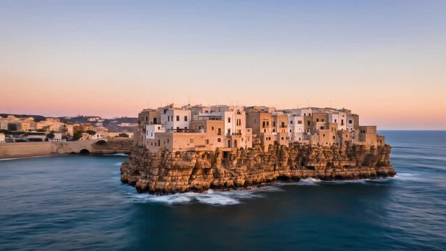 Drone shot of Polignano a Mare coastal architecture built directly on cliffs &ndash; Video 4K UHD 60fps