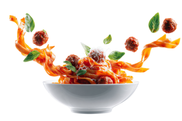 Delicious spaghetti with meatballs, garnished with fresh basil on a white isolated background.