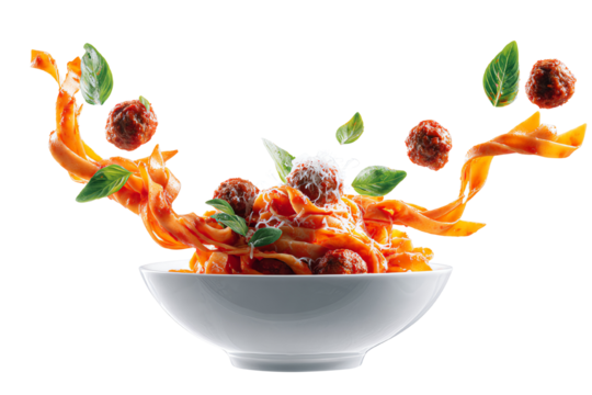 Delicious spaghetti with meatballs, garnished with fresh basil on a white isolated background.