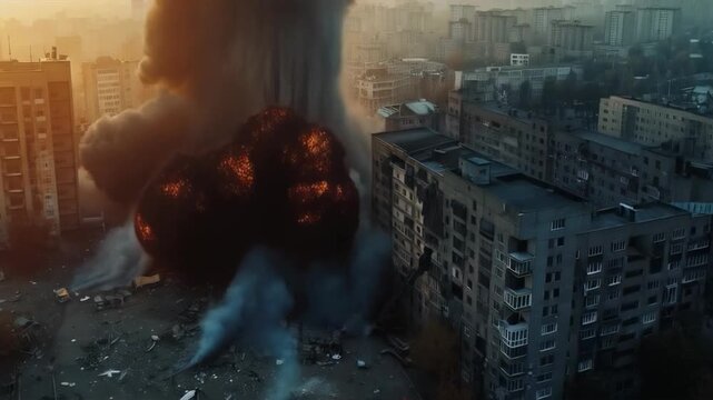 A powerful explosion in a residential area with smoke and fire &mdash; suitable for news stories, disaster movies, and rescue training videos.
