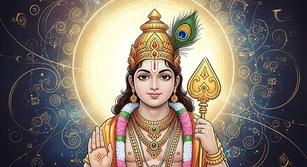 Hindu god murugan holding a spear with peacock feather on a golden background.