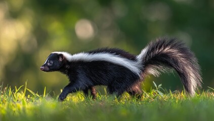 Fototapeta premium The picture presents a skunk walking through a vibrant green grassland, showcasing its natural and captivating habitat