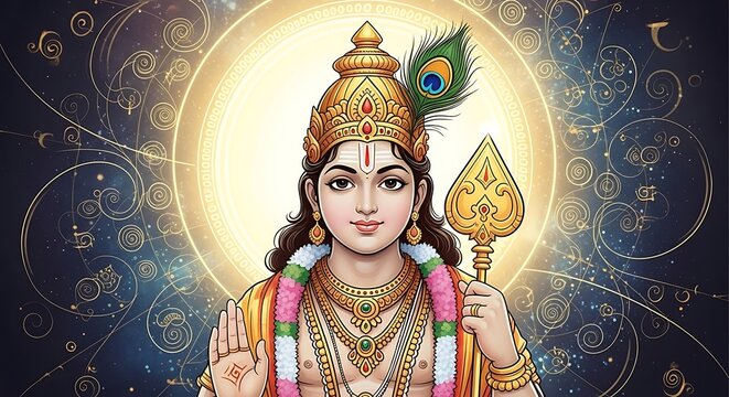 Hindu god murugan holding a spear with peacock feather on a golden background.