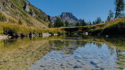 Beautiful mountain landscape with a small river and woods of larches in Val Buscagna, in the Alpe Devero National Park, Piedmont, Italy