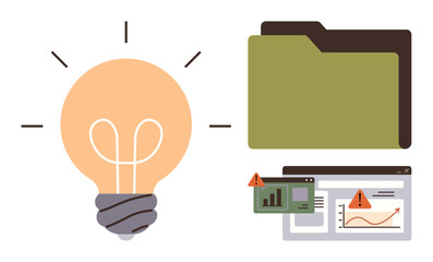 Light bulb, folder, and screens with warning alerts on analytics graphs symbolize innovation, data management, problem-solving, risk analysis, strategy, technology decision-making. Simple flat