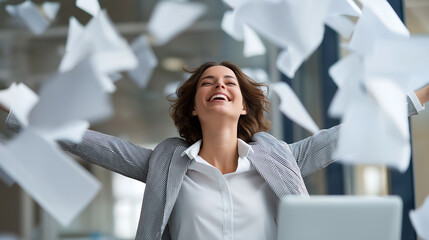 Happy businesswoman throwing papers in the air at office, Winning victory or documents. Celebrating success, Business achievement concept
