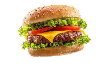 Delicious cheeseburger with fresh lettuce, tomato, and a toasted bun, perfect for fast food cravings.