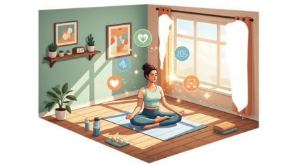 Woman practicing yoga and meditation in a sunlit room, surrounded by symbols of health and wellness, promoting a balanced lifestyle isolated on transparent background