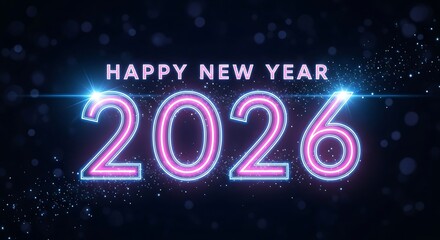 Happy new year 2026 glowing neon light sign on dark background.