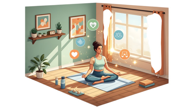Woman practicing yoga and meditation in a sunlit room, surrounded by symbols of health and wellness, promoting a balanced lifestyle isolated on transparent background