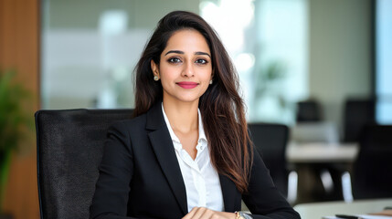 Fototapeta premium Confident businesswoman in professional setting, wearing black suit and white shirt, exuding professionalism and poise