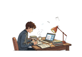 Young boy studying diligently at his desk with a laptop, books, and papers, isolated on transparent background
