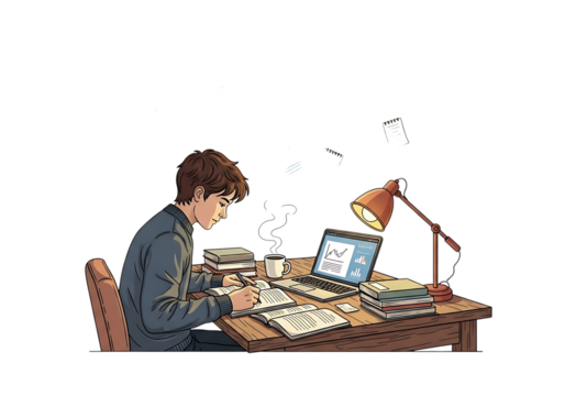 Young boy studying diligently at his desk with a laptop, books, and papers, isolated on transparent background