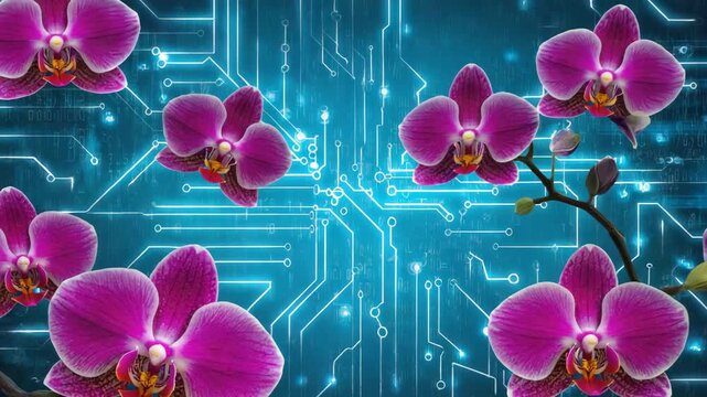 Pink orchids thriving on a circuit board background illustrate the captivating fusion of nature and technology, highlighting the beauty and elegance of organic growth within a digital realm