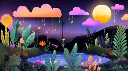 Digital landscape at twilight featuring a tranquil pond surrounded by lush flora and vibrant clouds under a golden moonlight