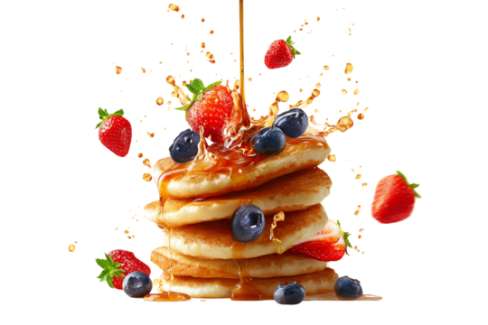 Delicious pancake stack topped with fresh strawberries and blueberries, drizzled with syrup on a white background.