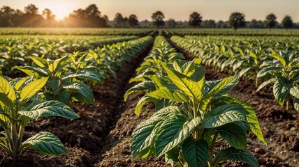 Obraz premium Vibrant Green Tobacco Growing in Rows