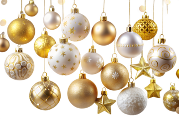 Photo of collection of christmas ornaments and baubles in gold, white, and silver with glitter and stars, hanging isolated on transparent background
