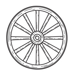 Fototapeta premium Hand drawn illustration of a vintage wooden wagon wheel in black and white design